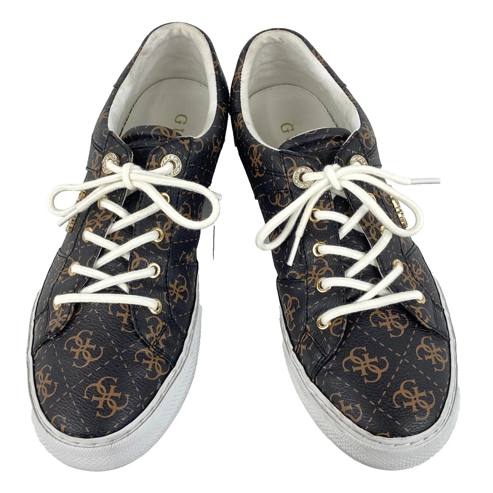 Guess Sneakers Womens 10 M Loven Tennis Shoes Brown w Bling LKNU Gold Logo Fine!
